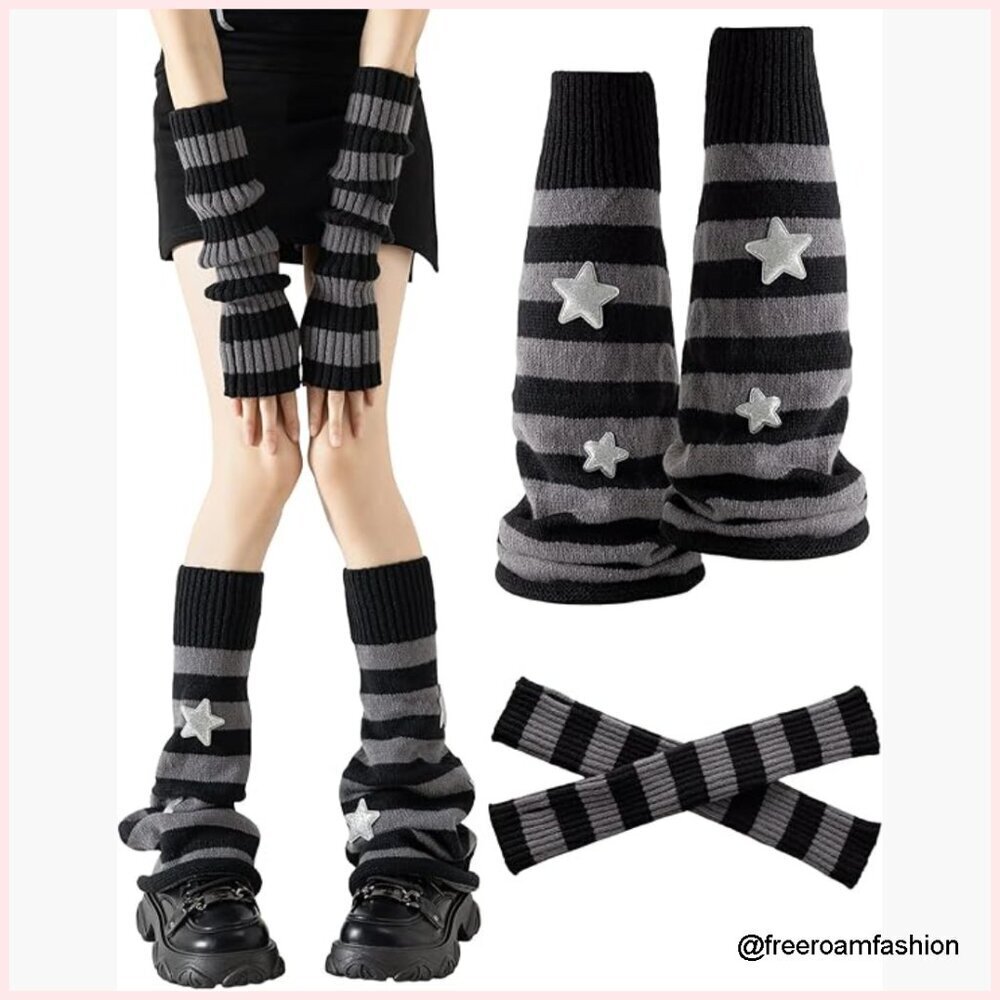 Knit Leg and Arm Warmers Set, Stretchy Fabric, Thumb Holes, Anti-Slip